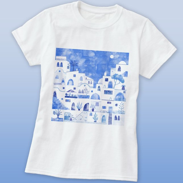 T-shirt Aquarelle de l'île grecque Santorin (Oia Santorini blue and white watercolor painting T-shirt)