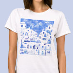 T-shirt Aquarelle de Santorin personnalisée<br><div class="desc">Aquarelle bleu et blanc,  peinture murale basée sur l'adorable île grecque de Santorin. Modifiez le nom pour personnaliser. Art original de Nic Squirrell.</div>