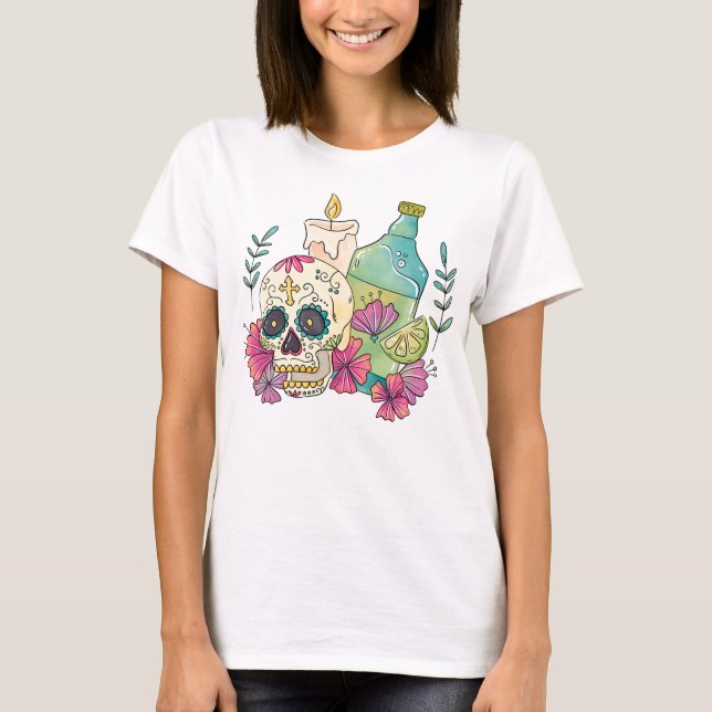 T-shirt Aquarelle Dia de los Muertos Crâne, Bougie, Boire (Devant)