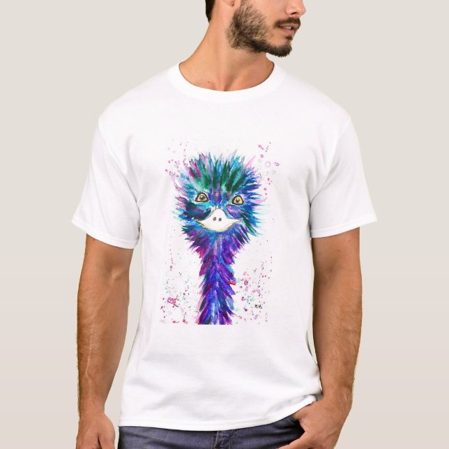 T-shirt Aquarelle emu bleu Oiseau Animaux Faune mignonne (Devant)