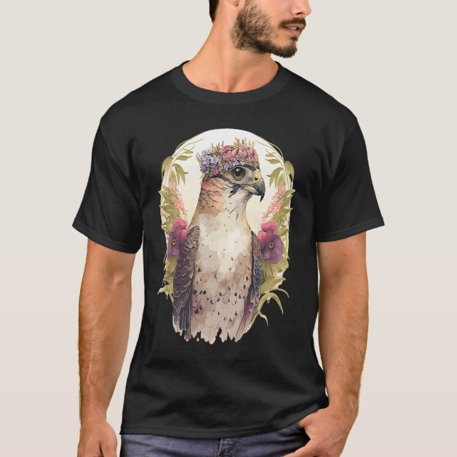 T-shirt Aquarelle Faucon Oiseaux De Proie Fleur Flora (Devant)