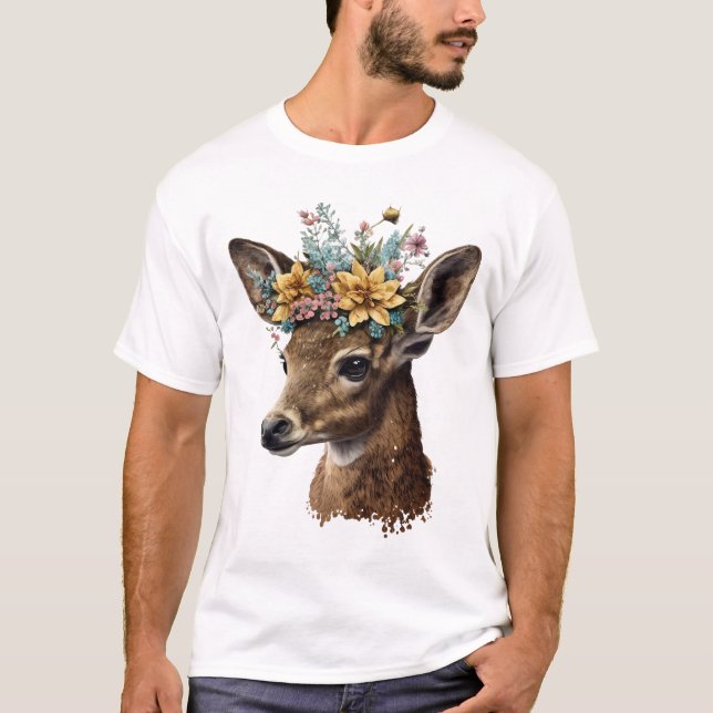 T-shirt Aquarelle fine cerf floral (Devant)