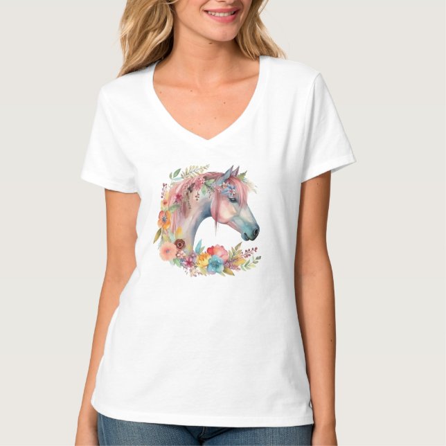 T-shirt Aquarelle Fleur Boho Horse Pastel (Devant)