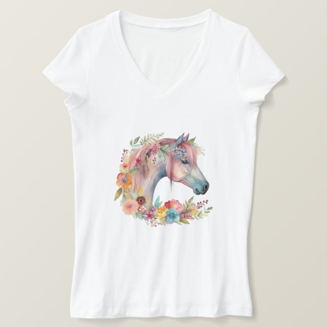T-shirt Aquarelle Fleur Boho Horse Pastel (Design devant)