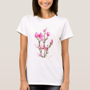 T-shirt Aquarelle Fleur de Magnolia Mère Élégant Rose