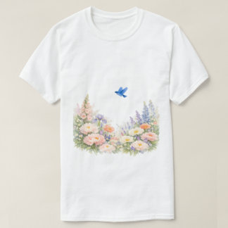 T-shirt Aquarelle Fleur de Prairie Fleur Sauvage Oiseau Bl