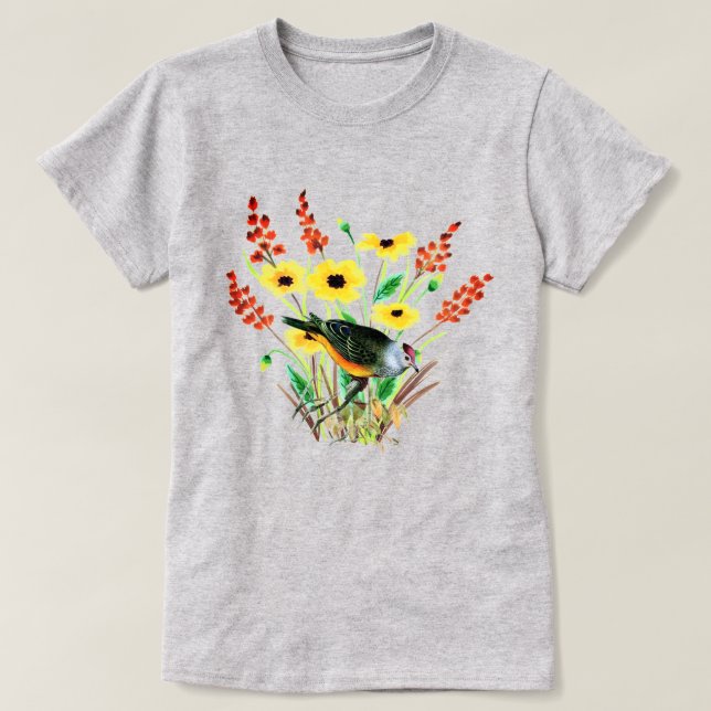 T-shirt Aquarelle Fleurs Jaunes avec Gris d'Oiseau (Design devant)