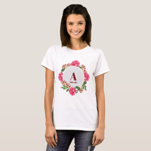 T-shirt Aquarelle Fleurs roses Circle Wreath Monogramme