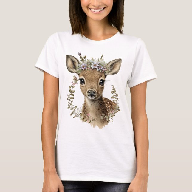 T-shirt Aquarelle Floral Baby Deer mignonne (Devant)