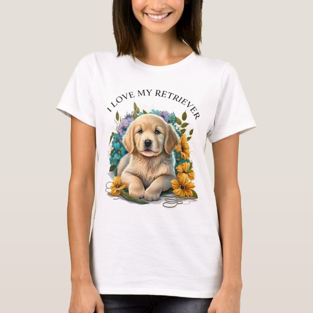 T-shirt Aquarelle Floral Golden Retriever Chiot (Devant)