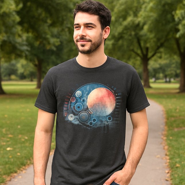T-shirt Aquarelle Galaxy Art Abstrait Gris (Cosmic t-shirt mockup, man in jeans and sneakers, park background, celestial design, casual wear)