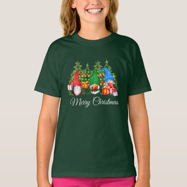 T-shirt Aquarelle Gnomes Joyeux Noël vert fille (Devant)
