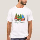 T-shirt Aquarelle Gnomes Vert Joyeux Noël<br><div class="desc">Joyeux Noël coloré Aquarelle Gnomes avec Noël présente T-Shirt de Noël avec pins et lumières à cordes.</div>