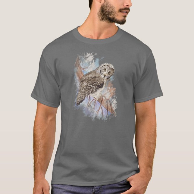 T-shirt Aquarelle Grande Chouette gris Oiseau Nature Art (Devant)