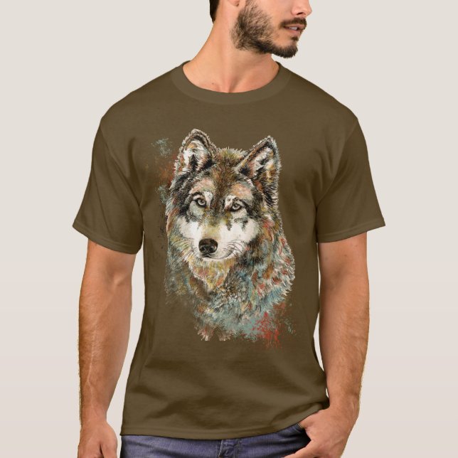 T-shirt Aquarelle Gris Loup Faune Animal Nature Art T (Devant)