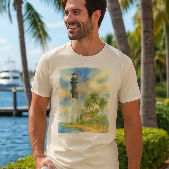 T-shirt Aquarelle Hillsboro Inlet Phare Floride (relaxed Florida vibe with a man wearing Hillsboro  lighthouse watercolor tee)