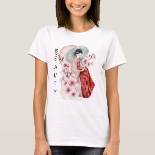T-shirt Aquarelle japonaise de Geisha avec Kimono et Sakur