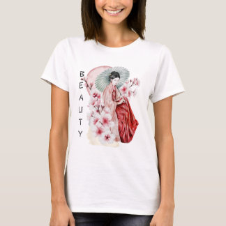T-shirt Aquarelle japonaise de Geisha avec Kimono et Sakur