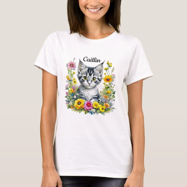 T-shirt Aquarelle Kitten en Fleurs Jaunes Personnalisé (Devant)