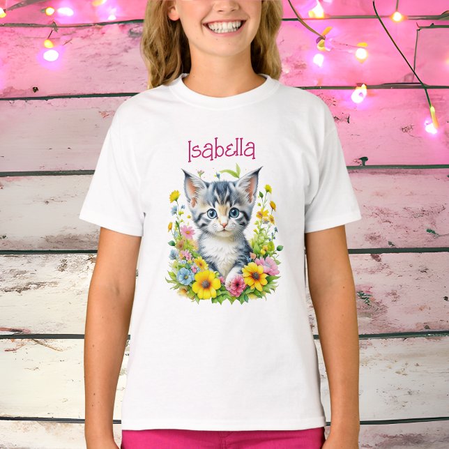 T-shirt Aquarelle Kitten Fleurs Personnalisées (Créateur téléchargé)