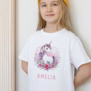 T-Shirt Aquarelle magique Unicorne Coeur floral rose