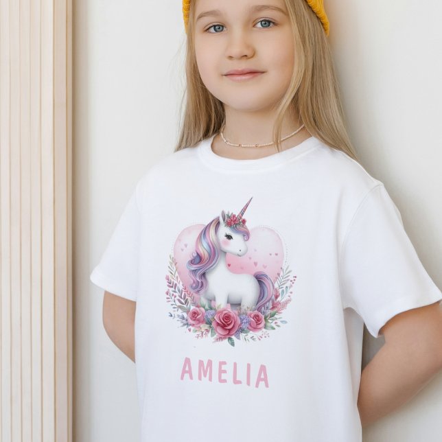 T-Shirt Aquarelle magique Unicorne Coeur floral rose (Créateur téléchargé)