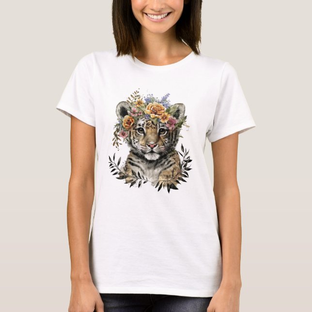 T-shirt Aquarelle mignonne Floral Baby Tiger (Devant)