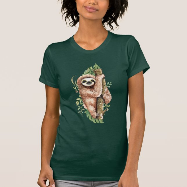 T-shirt Aquarelle mignonne Sloth & Feuilles tropicaux (Devant)
