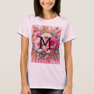 T-shirt Aquarelle monogramme pastels fleurs sur bois rose