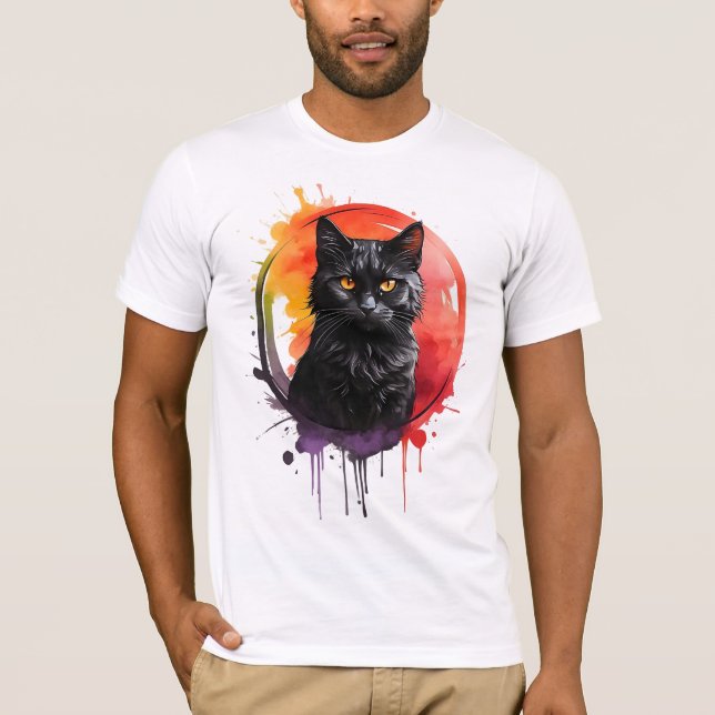 T-shirt Aquarelle Mystique Chat Noir Gras et Artistique (Devant)