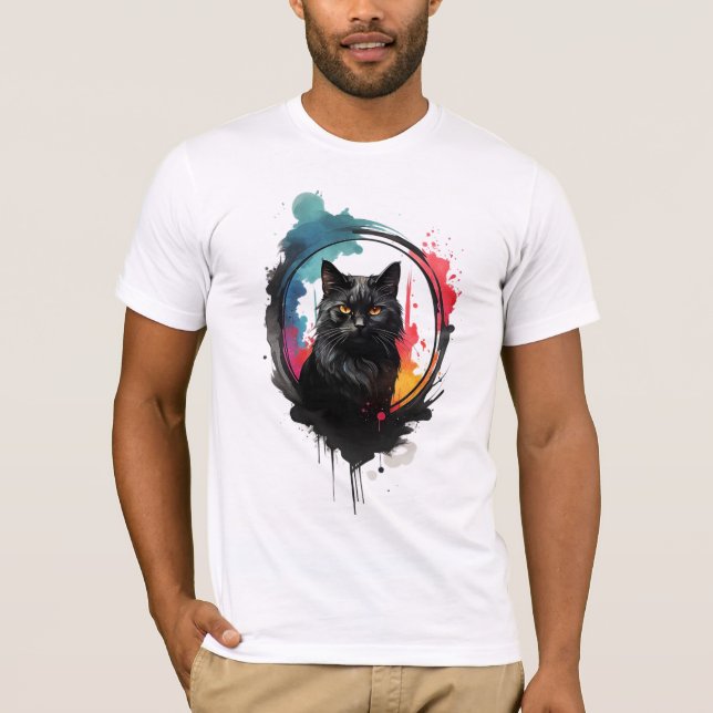 T-shirt Aquarelle Mystique Chat Noir Gras et Artistique (Devant)