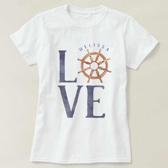 T-shirt Aquarelle nautique Typographie + Roue du navire (Design devant)