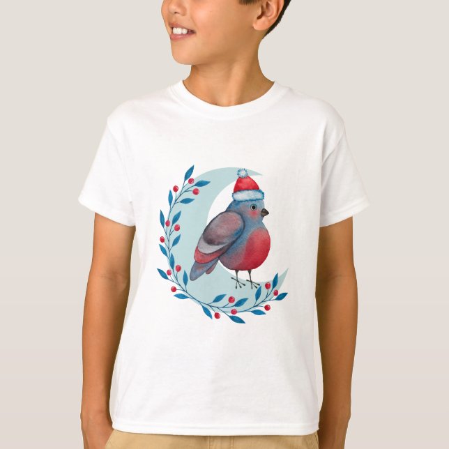T-shirt Aquarelle Oiseau bleu de Noël sur la lune (Devant)