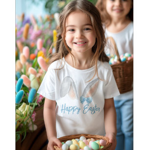 T-shirt Aquarelle Oreilles de Lapin de Pâques avec Nœud Bl