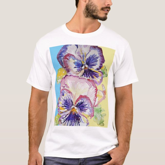 T-shirt Aquarelle Pansy Motif sur rose et jaune pâle (Devant)