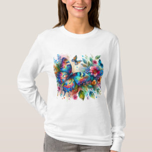 T-shirt Aquarelle Papillon Floral Fleurs Bleu rose
