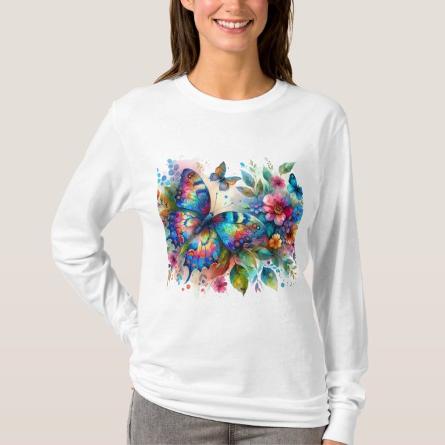 T-shirt Aquarelle Papillon Floral Fleurs Bleu rose (Devant)