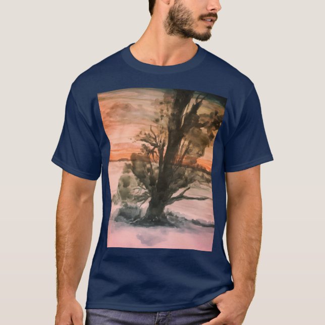 T-shirt Aquarelle Paysage naturel du coucher de soleil (Devant)