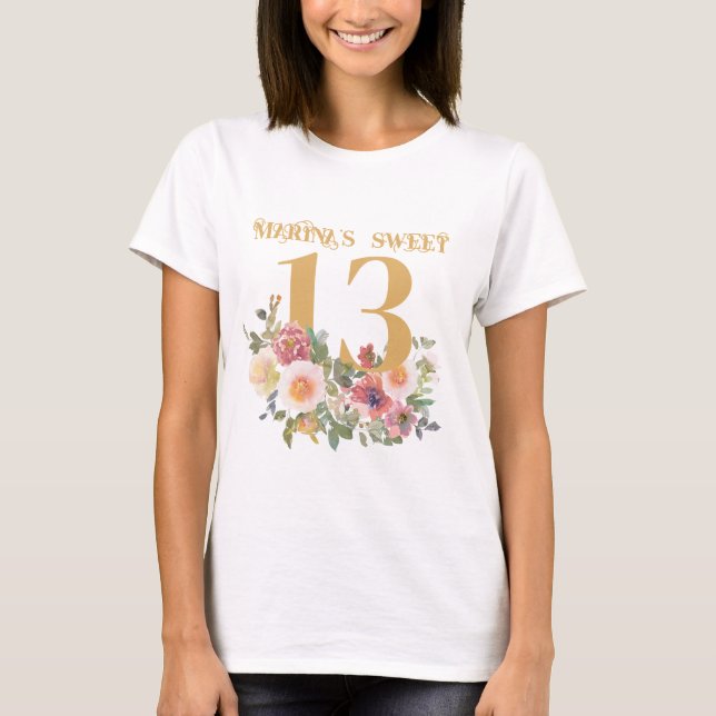 T-shirt Aquarelle Peones Floral 13e anniversaire adolescen (Devant)