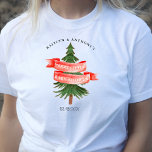 T-shirt Aquarelle Pine Tree Joyeux Petit Baby shower<br><div class="desc">Célébrez dans le style avec ces t-shirts baby showers à la mode. Ce design est facile à personnaliser avec votre libellé d'événement spécial et vos invités seront ravis quand ils verront ces fabuleux t-shirts. Les éléments correspondants se trouvent dans la collection.</div>