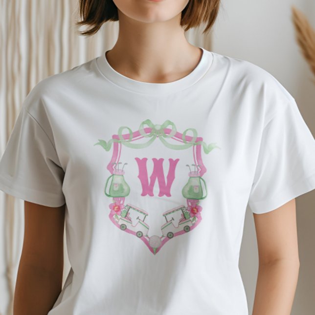 T-shirt Aquarelle Pink & Green Golf Panier Monogram Crest (Créateur téléchargé)