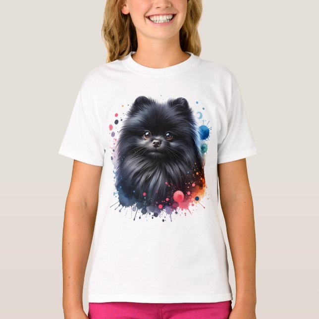 T-shirt Aquarelle poméranienne noire (Devant)