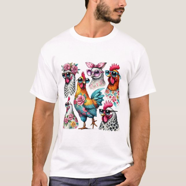 T-shirt Aquarelle Poulets biscornus avec lunettes de solei (Devant)