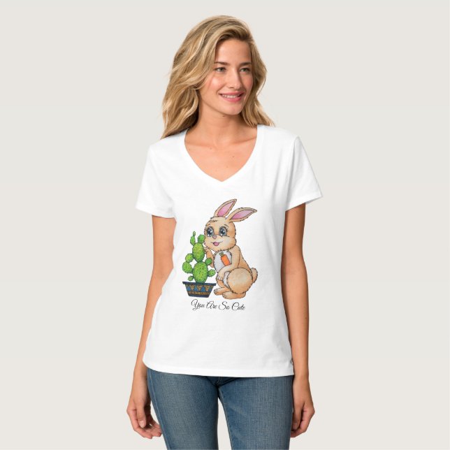 T-shirt Aquarelle Rabbit Et Cactus Mignons (Devant entier)