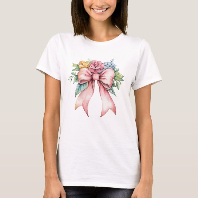 T-shirt Aquarelle rose Bow Florales Fleurs Coquette Femmes (Devant)