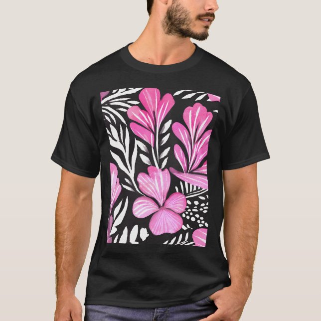 T-shirt Aquarelle Rose Chaud Motif Avec Couleurs Noires (Devant)