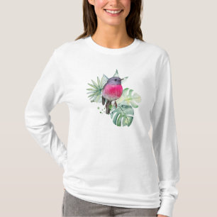 T-shirt Aquarelle rose Robin avec Feuilles tropicaux