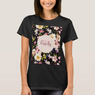 T-shirt Aquarelle Roses rose et jaune sur Noir, Anniversai