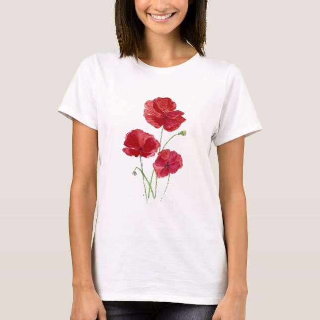 T-shirt Aquarelle Rouge Pavot Jardin Fleur Art Floral (Devant)