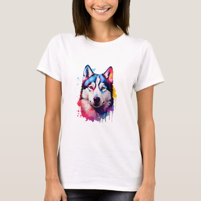 T-shirt Aquarelle Sibérienne Husky Art coloré (Devant)